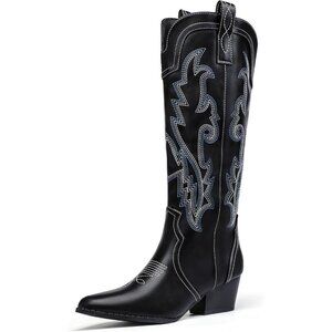 Women's Black Cowgirl Knee High Western Tall Boot Chunky Low Pointed Toe Booties